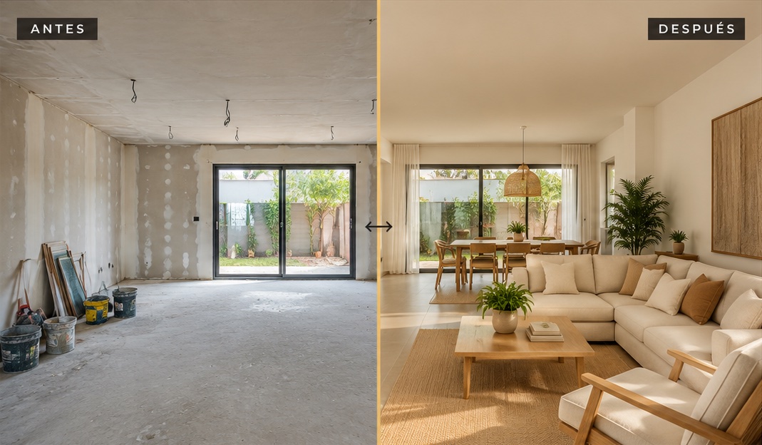 Antes: espacio en obra negra con muros sin terminar. Después: sala y comedor terminados con muebles en tonos cálidos.