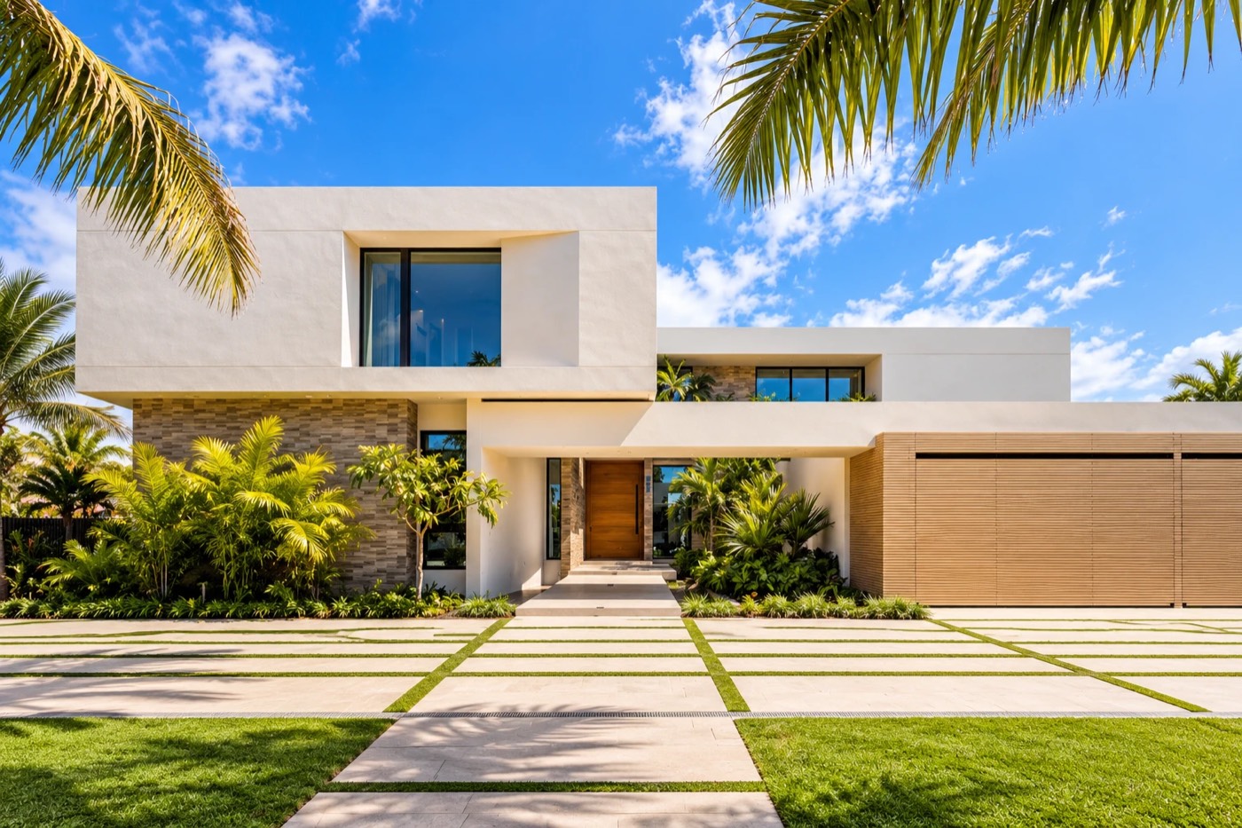 Fachada de casa moderna blanca con jardín y palmeras